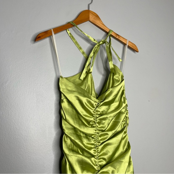 Jessica McClintock Y2K Green Silk Satin Ruched Dress H - Picture 4 of 8